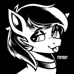 Size: 2400x2400 | Tagged: safe, artist:poxy_boxy, derpibooru import, oc, oc only, earth pony, pony, black background, bust, choker, commission, lidded eyes, signature, simple background, solo, tongue, tongue out