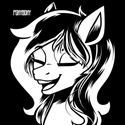 Size: 2400x2400 | Tagged: safe, artist:poxy_boxy, derpibooru import, oc, oc only, earth pony, pony, black background, bust, commission, eyes closed, open mouth, open smile, signature, simple background, smiling, solo