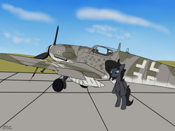 Size: 3200x2400 | Tagged: safe, artist:eklipsethepony, derpibooru import, oc, oc only, oc:eklipse, pegasus, pony, airfield, bf-109g-14, bipedal, depressed, heart, luftwaffe, me-109g-14, pegasus oc, plane, sad, solo, standing, world war ii