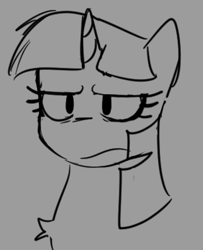 Size: 709x875 | Tagged: safe, artist:sonikku_blue_, derpibooru import, twilight sparkle, unicorn twilight, pony, unicorn, female, gray background, mare, monochrome, simple background, sketch, twilight sparkle is not amused, unamused