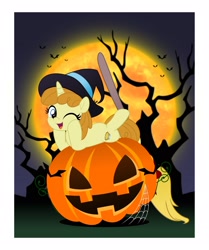 Size: 1716x2048 | Tagged: safe, alternate version, artist:jhayarr23, derpibooru import, pumpkin cake, pony, unicorn, broom, cute, female, filly pumpkin cake, halloween, hat, holiday, mare, moon, older, older pumpkin cake, pumpkin, pumpkinbetes, spider web, witch hat