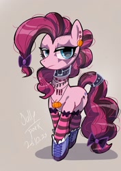 Size: 1240x1754 | Tagged: safe, artist:jully-park, derpibooru import, pinkie pie, earth pony, pony, bow, choker, clothes, ear piercing, earring, emo, female, frown, gameloft, gameloft interpretation, gothic pinkie, hair bow, jewelry, mare, necklace, piercing, pinkie pie is not amused, pumpkin, shoes, simple background, socks, striped socks, unamused