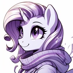 Size: 1024x1024 | Tagged: safe, ai content, derpibooru import, generator:bing image creator, machine learning generated, rarity, pony, unicorn, clothes, female, happy, mane, mare, pretty, prompter:evergreen, scarf, simple background, smiling, solo, stylized, sweater, white background