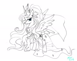 Size: 2048x1623 | Tagged: safe, artist:petaltwinkle, derpibooru import, princess luna, alicorn, pony, black and white, clothes, dress, female, grayscale, lidded eyes, looking at you, mare, monochrome, partial color, simple background, smiling, smiling at you, solo, spread wings, white background, wings, wip