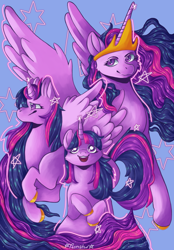 Size: 1024x1475 | Tagged: safe, artist:noristar17, derpibooru import, princess twilight 2.0, twilight sparkle, twilight sparkle (alicorn), unicorn twilight, alicorn, pony, unicorn, g4, the last problem, blue background, colored hooves, cute, female, mare, missing accessory, older, older twilight, older twilight sparkle (alicorn), open mouth, open smile, progression, simple background, smiling, solo, twiabetes