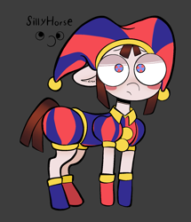 Size: 1305x1518 | Tagged: safe, artist:sillyhorse, derpibooru import, earth pony, pony, blush sticker, blushing, clothes, clown, full body, gloves, hat, jester, jester hat, pomni, ponified, small mare, solo, species swap, the amazing digital circus