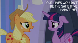 Size: 828x465 | Tagged: safe, derpibooru import, edit, edited screencap, editor:quoterific, screencap, applejack, twilight sparkle, twilight sparkle (alicorn), alicorn, earth pony, pony, g4, season 9, the ending of the end, spoiler:s09, applejack's hat, clothes, cowboy hat, female, hat, mare