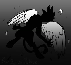 Size: 1500x1375 | Tagged: safe, artist:somber, derpibooru import, griffon, feather, flying, gradient background, inktober, inktober 2023, male, solo