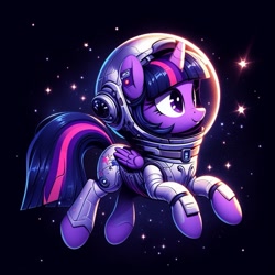 Size: 1261x1261 | Tagged: safe, ai content, derpibooru import, generator:bing image creator, generator:dall-e 3, machine learning generated, twilight sparkle, twilight sparkle (alicorn), alicorn, pony, astronaut, female, folded wings, mare, solo, space, space helmet, spacesuit, tail, wings