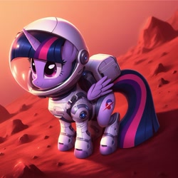 Size: 1261x1261 | Tagged: safe, ai content, derpibooru import, generator:bing image creator, generator:dall-e 3, machine learning generated, twilight sparkle, twilight sparkle (alicorn), alicorn, pony, astronaut, female, folded wings, mare, rock, scenery, solo, space, space helmet, spacesuit, tail, wings