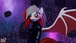 Size: 3800x2138 | Tagged: safe, artist:riizatensely, derpibooru import, oc, oc:vishera, anthro, bat pony, plantigrade anthro, 3d, anthro oc, bat pony oc, bat wings, red eyes, space, wings