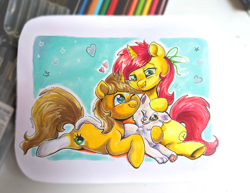 Size: 3832x2956 | Tagged: safe, artist:avui, derpibooru import, oc, oc only, oc:ayza, oc:baatochan, cat, pony, unicorn, couple, heart, traditional art