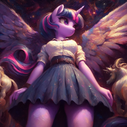 Size: 2048x2048 | Tagged: safe, ai content, derpibooru import, machine learning generated, twilight sparkle, twilight sparkle (alicorn), alicorn, anthro, belt, blouse, clothes, female, looking to side, looking to the right, low angle, mare, pleated skirt, skirt, solo