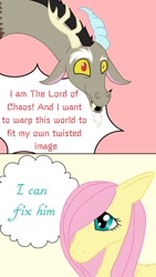 Size: 720x1280 | Tagged: safe, artist:craftywolf, derpibooru import, discord, fluttershy, draconequus, pegasus, pony, g4, keep calm and flutter on, #cringetober, #cringetober2023, antlers, comic, cringetober, cringetober2023, female, hoers, i can fix him, male, mare, pink background, reformation, reformed, simple background, thought bubble, yellow background