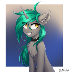 Size: 1025x1069 | Tagged: safe, artist:cmdrtempest, derpibooru import, oc, oc only, oc:soft spring, pony, unicorn, chest fluff, collar, cute, looking at each other, looking at someone, simple background, smiling, solo