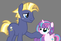 Size: 875x585 | Tagged: safe, artist:star polaris and friends, derpibooru exclusive, derpibooru import, princess flurry heart, star tracker, alicorn, earth pony, pony, base used, duo, female, filly, foal, gray background, male, older, older flurry heart, older star tracker, simple background, stallion, uncle and niece