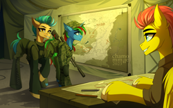 Size: 4200x2625 | Tagged: safe, artist:chamommile, derpibooru import, oc, oc only, oc:bane, oc:jake, oc:wander bliss, earth pony, original species, pegasus, pony, unicorn, fallout equestria, ammunition, armor, blue eyes, blue skin, camping, clothes, commission, ear fluff, ears, earth pony oc, full body, golden eyes, group sex, gun, horn, looking at each other, looking at someone, looking at something, male, map, pegasus oc, ponytail, rifle, sitting, smiling, smiling at each other, sniper, table, threesome, two toned mane, unicorn oc, uniform, weapon, wings, yellow skin