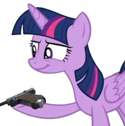 Size: 505x507 | Tagged: safe, derpibooru import, twilight sparkle, twilight sparkle (alicorn), alicorn, pony, g4, female, gun, handgun, luger, mare, meme, no context, pistol, simple background, weapon, white background