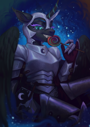 Size: 3508x4961 | Tagged: safe, artist:helemaranth, derpibooru import, nightmare moon, anthro, unicorn, g4, armor, candy, curved horn, ear tufts, food, horn, lollipop, solo