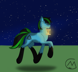 Size: 3200x2951 | Tagged: safe, artist:maître cervidé, derpibooru import, oc, oc:tricket, earth pony, lantern, male, night, present, signature, solo, stars, trotting