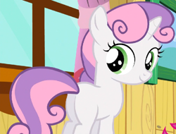 Size: 716x545 | Tagged: safe, derpibooru import, screencap, sweetie belle, pony, unicorn, g4, butt, cute, diasweetes, female, filly, foal, happy, looking back, plot, smiling, solo, sweetie butt