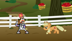 Size: 1018x580 | Tagged: safe, artist:jm6615478, derpibooru import, applejack, earth pony, pony, squirrel, g4, female, fight, nickelodeon, pixel art, sandy cheeks, spongebob squarepants, sprite