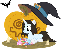 Size: 1280x1075 | Tagged: safe, artist:cindystarlight, derpibooru import, oc, oc only, oc:blue light, pony, unicorn, candle, candy, female, food, halloween, hat, holiday, jack-o-lantern, lying down, mare, prone, pumpkin, simple background, smiling, solo, transparent background, witch hat