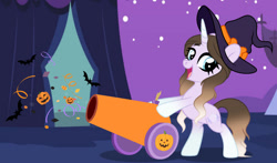 Size: 1164x686 | Tagged: safe, artist:cindystarlight, derpibooru import, oc, oc only, oc:amelia snowmelody, pony, unicorn, female, hat, mare, open mouth, open smile, party cannon, smiling, solo, witch hat