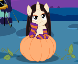 Size: 1226x1006 | Tagged: safe, artist:cindystarlight, derpibooru import, oc, oc only, pony, unicorn, clothes, female, mare, pumpkin, socks, solo, striped socks