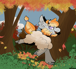 Size: 2000x1840 | Tagged: safe, derpibooru import, oc, oc only, oc:aurelia coe, sheep, autumn, blue body, cloud, female, female oc, fluffy, leaves, nature, orange hair, purple eyes, sheep oc, solo, tree