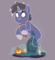 Size: 620x667 | Tagged: safe, artist:joaothejohn, derpibooru import, oc, oc only, oc:night reader, bat pony, ghost, ghost pony, pony, undead, unicorn, animated, bat pony oc, candle, clothes, commission, floating, gif, grave, gravestone, halloween, holiday, jack-o-lantern, male, open mouth, pumpkin, scarf, solo, spooky, ych result
