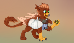 Size: 1630x964 | Tagged: safe, artist:rutkotka, derpibooru import, oc, oc only, oc:pavlos, griffon, broken bone, broken wing, cast, chestnut, clothes, colored wings, eared griffon, gradient background, griffon oc, happy, injured, one wing out, simple background, sling, sweater, wing fluff, wings