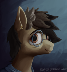 Size: 3250x3500 | Tagged: safe, artist:calebpedigo, derpibooru import, oc, oc only, oc:angel butter, earth pony, pony, bust, ear piercing, earring, glasses, high res, jewelry, looking at you, male, piercing, round glasses, signature, smiling, smiling at you, solo, stallion