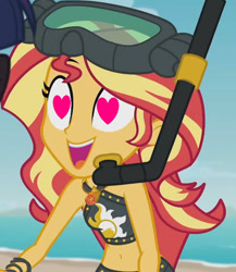 Size: 625x721 | Tagged: safe, derpibooru import, edit, edited screencap, screencap, sunset shimmer, better together, equestria girls, g4, unsolved selfie mysteries, belly button, bikini babe, black bikini, clothes, cropped, heart, heart eyes, leather, snorkel, sunset shimmer swimsuit, sunset shimmer's beach shorts swimsuit, swimsuit, wingding eyes