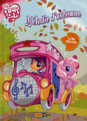 Size: 521x722 | Tagged: safe, derpibooru import, pinkie pie (g3), scootaloo (g3), earth pony, pony, g3, g3.5, autumn, bus, french, leaf, my little pony logo, official, panini