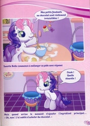 Size: 570x800 | Tagged: safe, derpibooru import, sweetie belle (g3), earth pony, pony, unicorn, g3, g3.5, basket, egg (food), food, french, kitchen, my little pony logo, official, panini