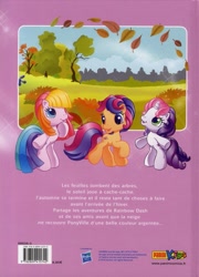 Size: 521x722 | Tagged: safe, derpibooru import, cheerilee (g3), scootaloo (g3), sweetie belle (g3), earth pony, pony, g3, g3.5, autumn, french, leaf, my little pony logo, official, panini