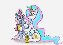 Size: 1592x1160 | Tagged: safe, artist:terra0940, derpibooru exclusive, derpibooru import, princess celestia, princess serena, alicorn, earth pony, g1, g4, bow, cute, duo, duo female, female, generational ponidox, hat, mare, mlp fim's thirteenth anniversary, party hat, simple background, tail, tail bow, wand, white background