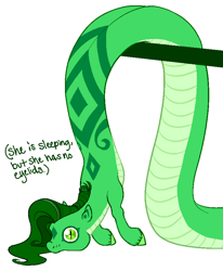 Size: 697x847 | Tagged: safe, artist:wtfponytime, derpibooru import, oc, oc only, oc:emerald ribbon, lamia, original species, pony, snake, snake pony, flop, simple background, sleeping, slit eyes, solo, text, unshorn fetlocks, white background