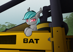 Size: 2400x1727 | Tagged: safe, artist:andaluce, derpibooru import, oc, oc only, oc:malachite cluster, bat pony, pony, chest fluff, looking at you, machinery, solo