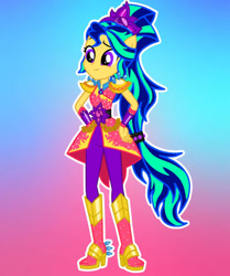 Size: 828x989 | Tagged: safe, artist:marshamagma310, derpibooru import, sunset shimmer, equestria girls, boots, crystal guardian, gradient background, high heel boots, ponied up, shoes, solo