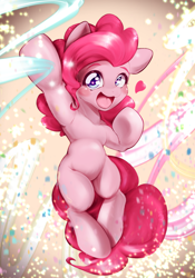 Size: 1668x2388 | Tagged: safe, artist:kurogewapony, derpibooru import, pinkie pie, earth pony, pony, semi-anthro, belly, blushing, female, heart, looking at you, mare, round belly, smiling, solo