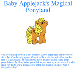 Size: 1024x920 | Tagged: safe, applejack (g1), earth pony, pony, g1, 2000s, artifact, baby applejack, bow, female, filly, foal, simple background, solo, tail bow, text, white background