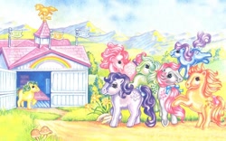 Size: 1280x800 | Tagged: safe, artist:ivy, blossom, blue belle, butterscotch (g1), cotton candy (g1), minty (g1), snuzzle, earth pony, pony, g1, female, mare, original six, ponyland tours, show stable