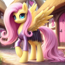 Size: 1024x1024 | Tagged: safe, ai content, machine learning generated, fluttershy, pegasus, pony, bing, clothed ponies, clothes, female, mare, ponyville, solo