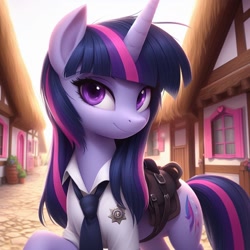 Size: 1024x1024 | Tagged: safe, ai content, machine learning generated, twilight sparkle, unicorn twilight, pony, unicorn, alternate cutie mark, aside glance, badge, bing, clothed ponies, clothes, female, looking at you, mare, police, ponyville, saddle, shirt, solo, tie