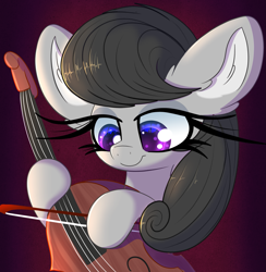 Size: 2527x2585 | Tagged: safe, artist:windykirin, derpibooru import, octavia melody, earth pony, pony, g4, big ears, bow (instrument), cello, cute, ear fluff, ears, female, high res, hoof hold, impossibly long eyelashes, long eyelashes, looking at something, mare, musical instrument, smiling, solo, tavibetes