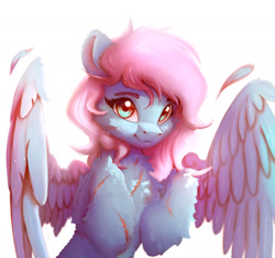Size: 1981x1854 | Tagged: safe, artist:itssim, derpibooru import, oc, oc only, oc:vesperal breeze, pegasus, pony, commission, eyebrows, feather, female, fluffy, looking at you, mare, pegasus oc, scar, self harm, self harm scars, simple background, smiling, smiling at you, solo, spread wings, white background, wings
