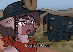 Size: 1488x1063 | Tagged: safe, artist:reddthebat, derpibooru import, oc, oc only, oc:number nine, earth pony, pony, bandana, bust, dialogue, ears, empire of dust, female, floppy ears, helmet, mare, mining helmet, solo, train car