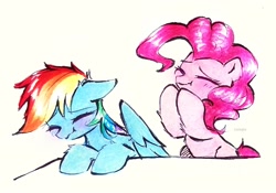 Size: 2390x1671 | Tagged: safe, artist:liaaqila, derpibooru import, pinkie pie, rainbow dash, earth pony, pegasus, pony, duo, duo female, eyes closed, female, simple background, stifling laughter, traditional art, white background